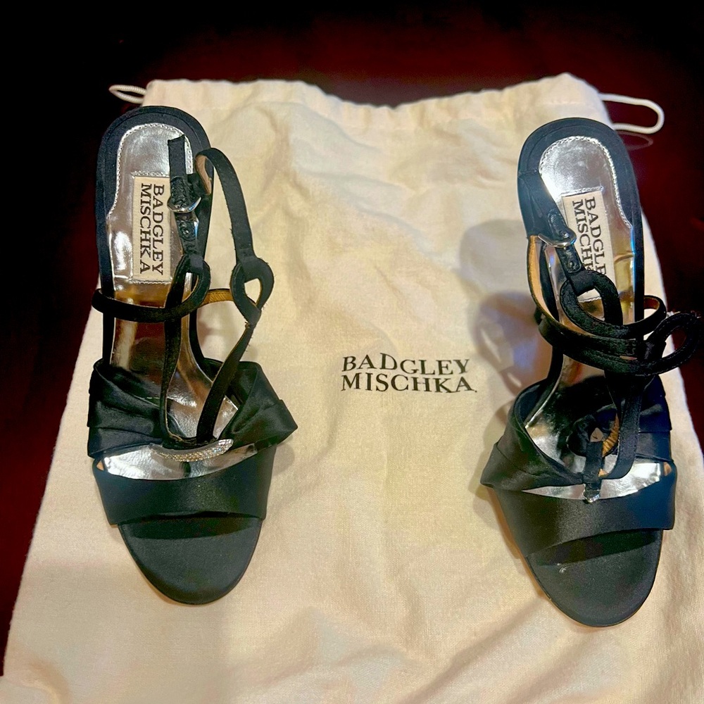 Badgley Mischka Ruby Black Satin Rhinestone Strappy Heels - Size 5.5 - NIB⁠